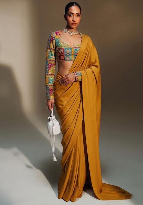 Yellow Printed Crepe Pre Draped Saree Set