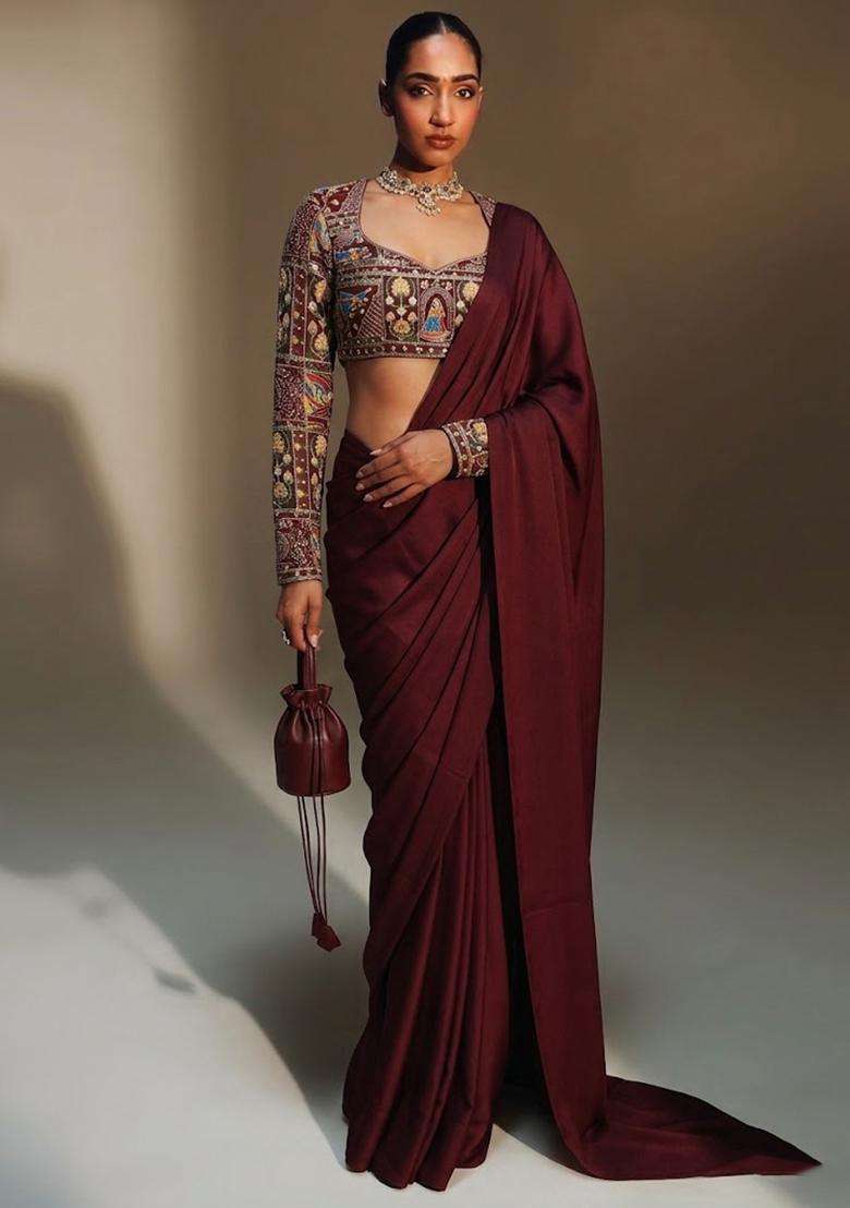 Maroon Printed Crepe Pre Draped Saree Set - Indya