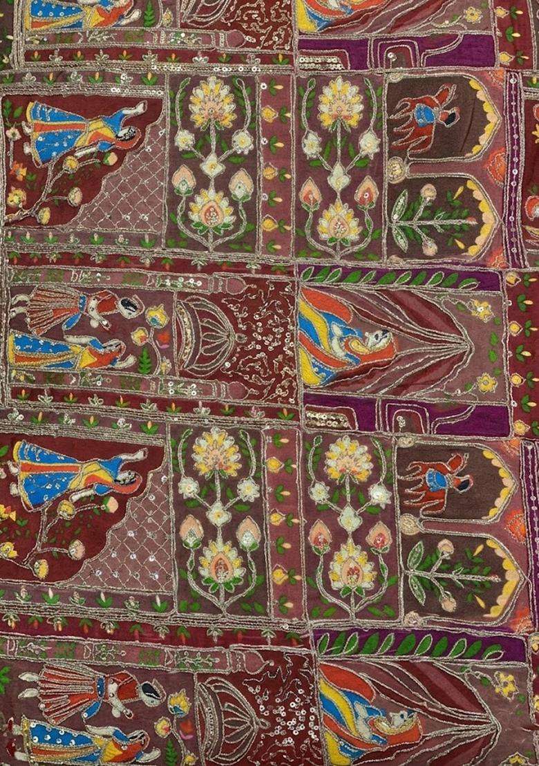 Maroon Printed Crepe Pre Draped Saree Set - Indya