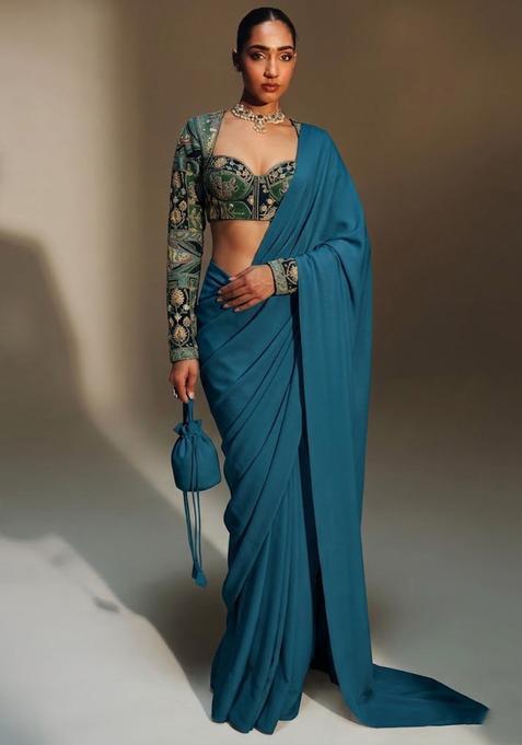 Teal Printed Crepe Pre Draped Saree Set
