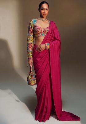 Pink Printed Crepe Pre Draped Saree Set