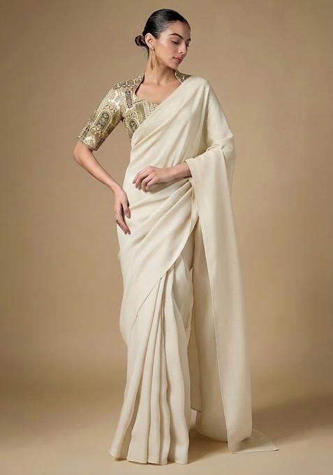 White Printed Crepe Pre Draped Saree Set