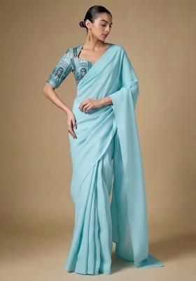 Blue Printed Crepe Pre Draped Saree Set