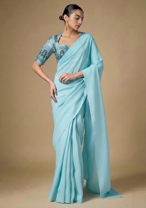 Blue Printed Crepe Pre Draped Saree Set — view on Indya
