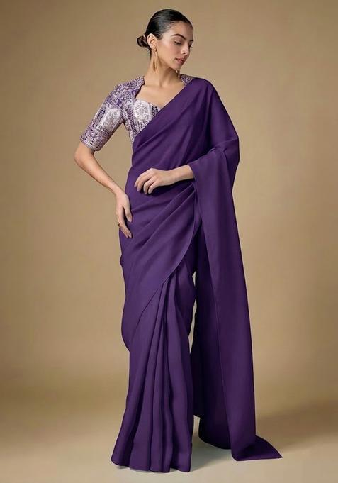 Purple Printed Crepe Pre Draped Saree Set