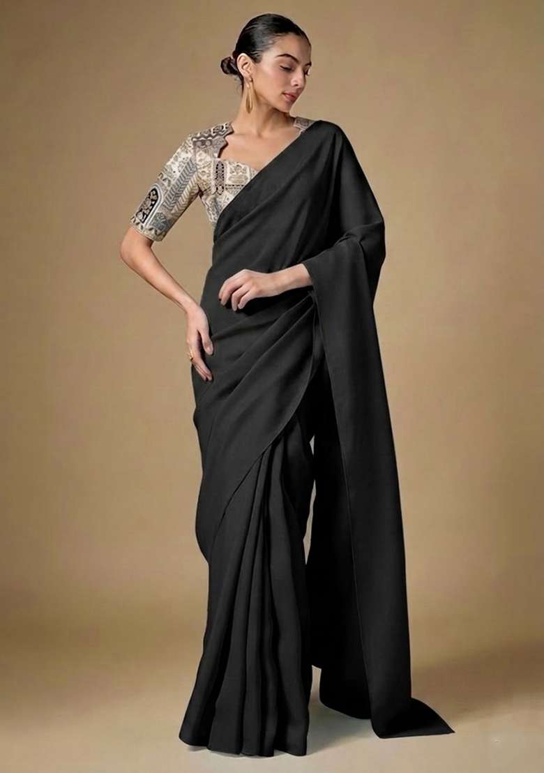 White Printed Crepe Pre Draped Saree Set - Indya