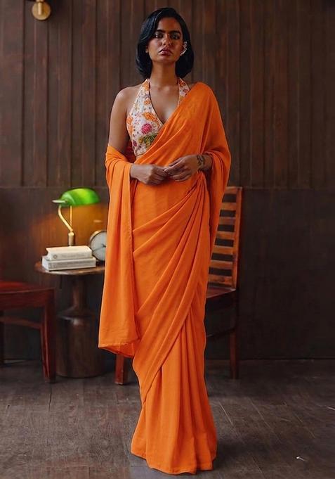 White Printed Organza Pre Draped Saree Set