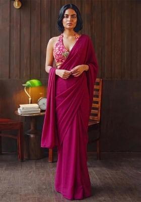 Pink Printed Organza Pre Draped Saree Set