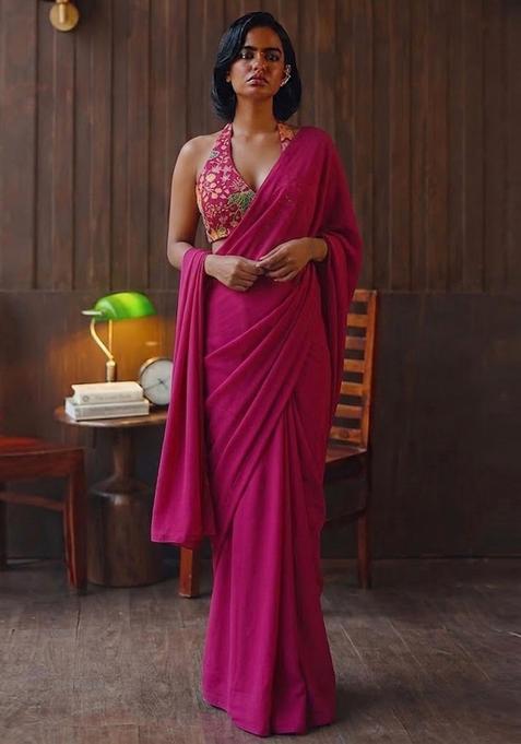Pink Printed Organza Pre Draped Saree Set