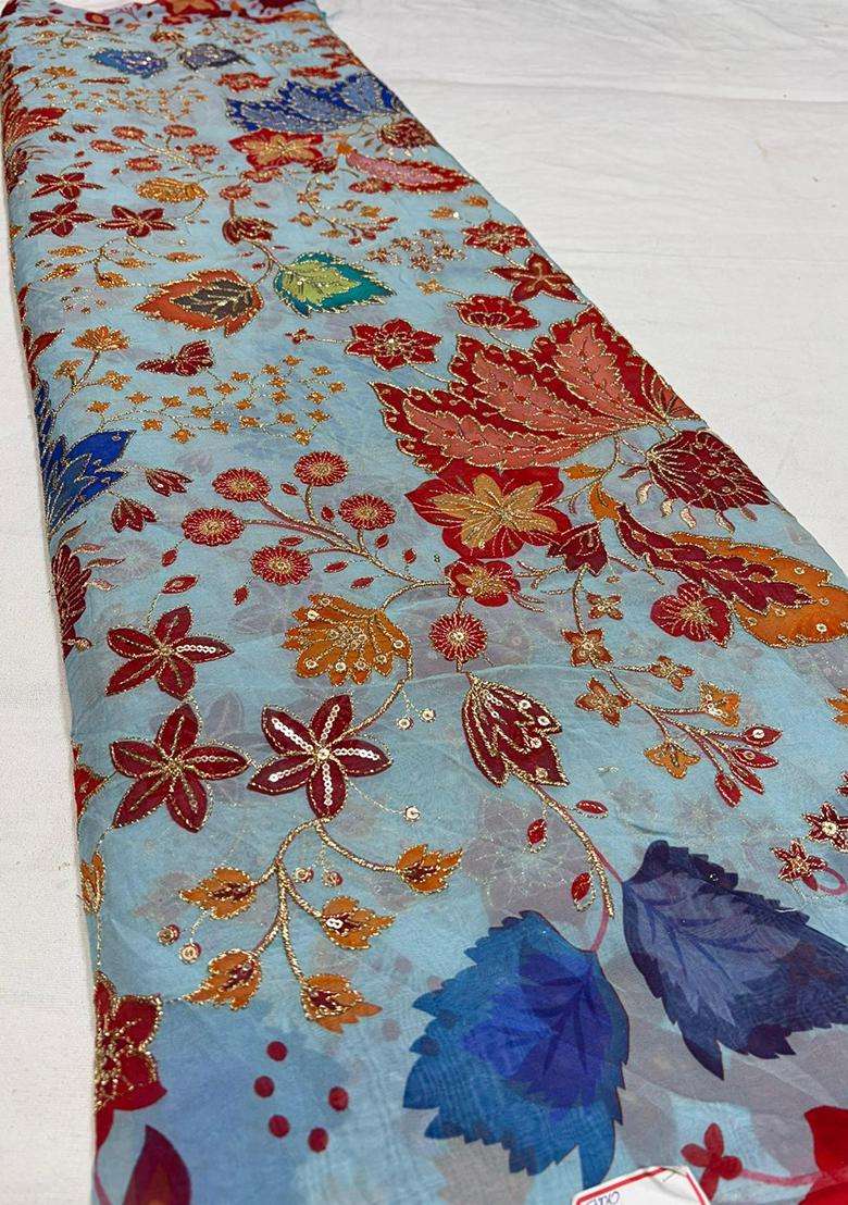 Blue Printed Organza Pre Draped Saree Set for Diwali and Festive Wear - Indya