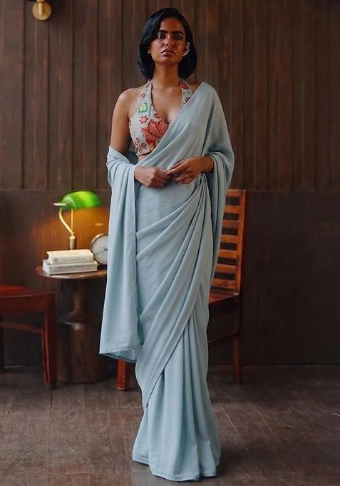 Blue Printed Organza Pre Draped Saree Set