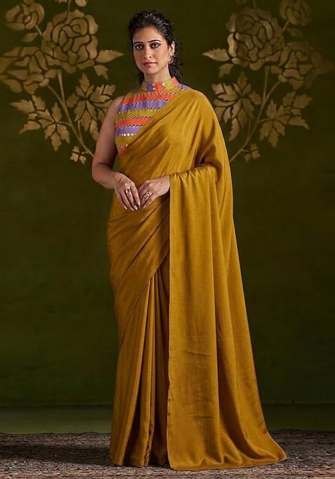Yellow Printed Organza Pre Draped Saree Set