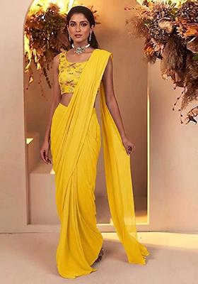 Yellow Embroidered Chanderi Pre Draped Saree Set