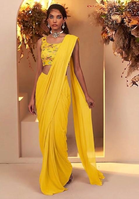 Yellow Embroidered Chanderi Pre Draped Saree Set