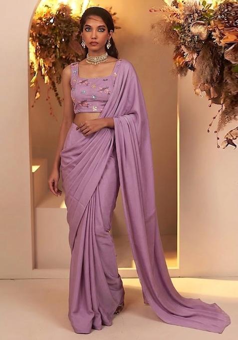 Pink Embroidered Chanderi Pre Draped Saree Set