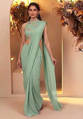 Mint Green Embroidered Chanderi Pre Draped Saree Set
