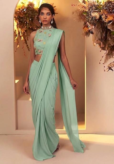 Sage Green Embroidered Chanderi Pre Draped Saree Set