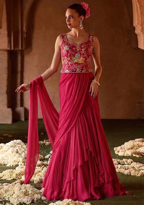 Pink Embroidered Crepe Pre Draped Saree Set