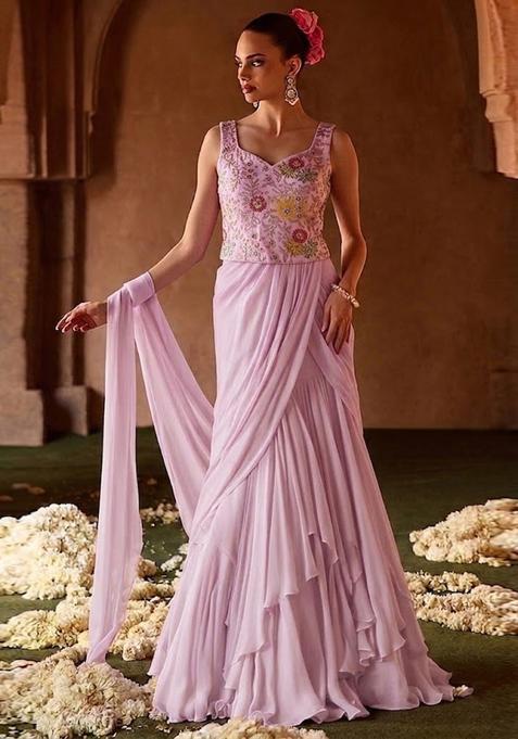 Soft Pink Embroidered Crepe Pre Draped Saree Set