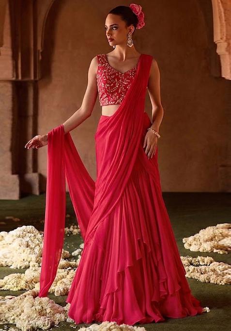 Crimson Red Embroidered Crepe Pre Draped Saree Set