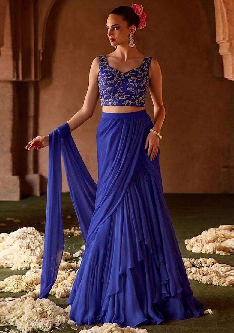 Navy Blue Embroidered Crepe Pre Draped Saree Set - Indya