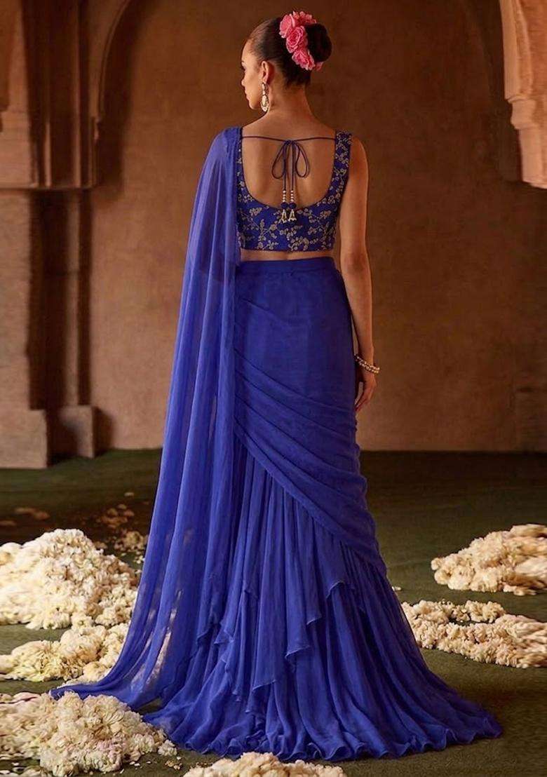 Navy Blue Embroidered Crepe Pre Draped Saree Set - Indya