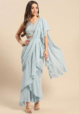 Blue Silk Blend Pre Draped Saree Set