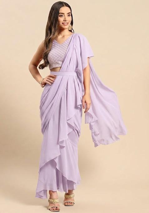 Lavender Silk Pre Draped Saree Set