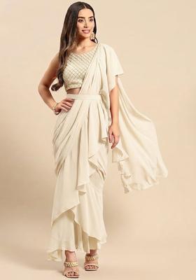 Ivory Silk Blend Pre Draped Saree Set