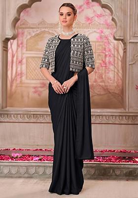 Navy Blue Mirror Georgette Pre Draped Saree Set