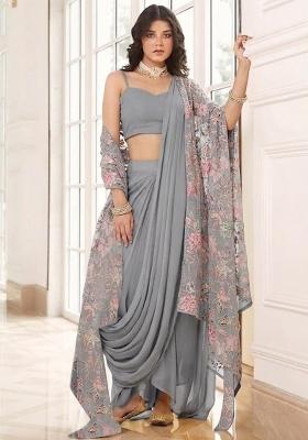 Grey Sequin Crepe Pre Draped Saree Set