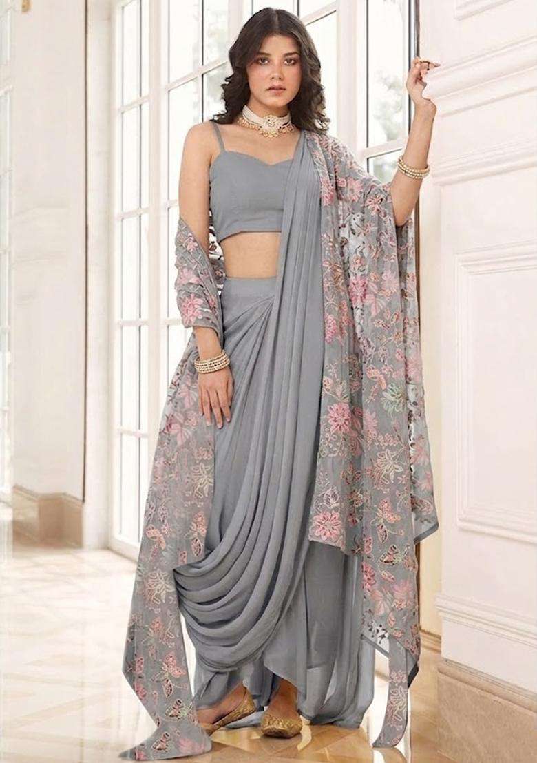 Grey Sequin Crepe Pre Draped Saree Set - Indya
