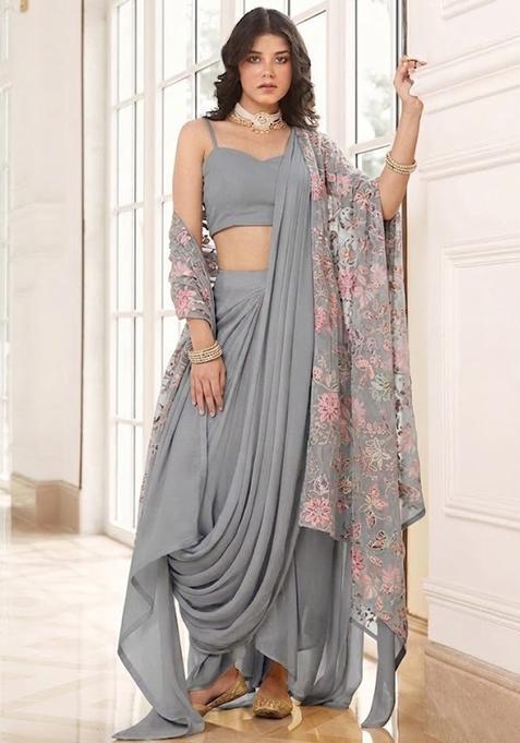 Grey Sequin Crepe Pre Draped Saree Set