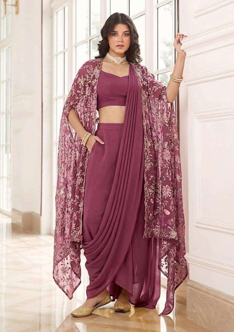 Pink Sequin Crepe Pre Draped Saree Set - Indya