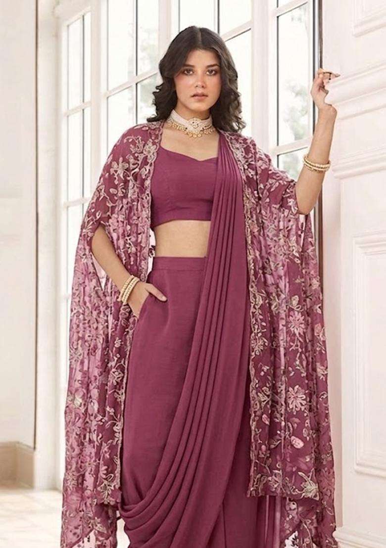 Pink Sequin Crepe Pre Draped Saree Set - Indya