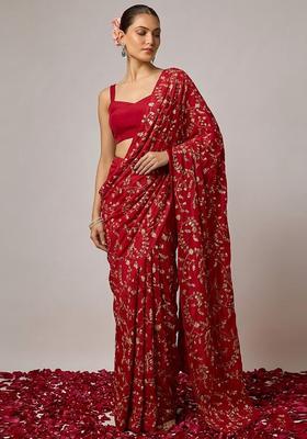 Red Embroidered Crepe Pre Draped Saree Set