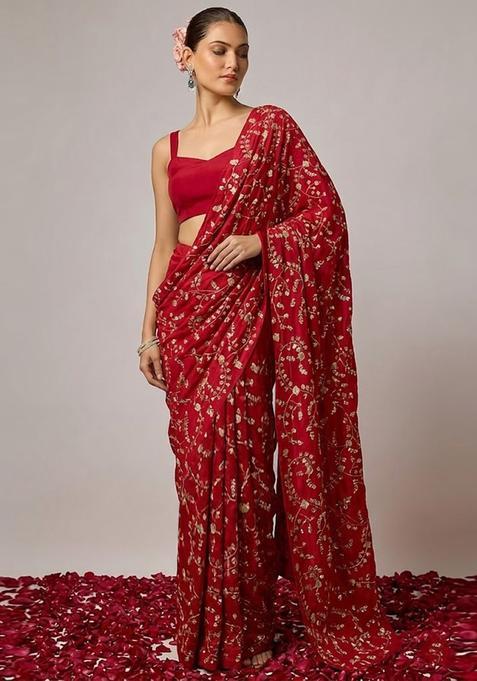 Red Embroidered Crepe Pre Draped Saree Set