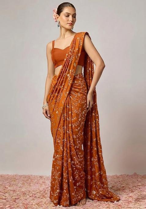 Orange Embroidered Crepe Pre Draped Saree Set
