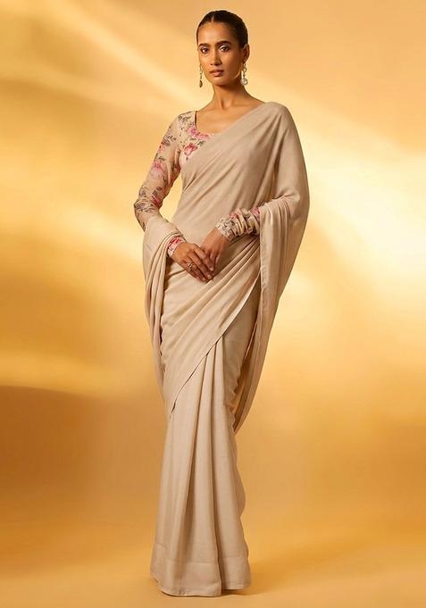 Sand Beige Printed Organza Pre Draped Saree Set