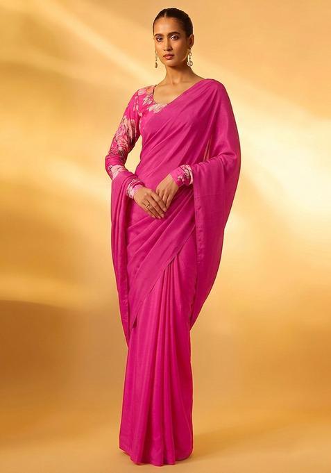 Rani Pink Printed Organza Pre Draped Saree Set