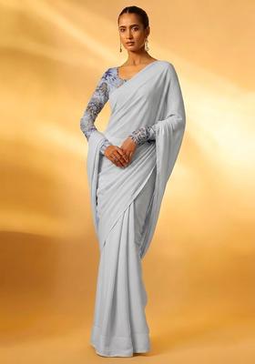 Pastel Blue Printed Organza Pre Draped Saree Set