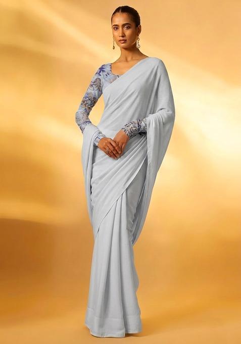 Pastel Blue Printed Organza Pre Draped Saree Set