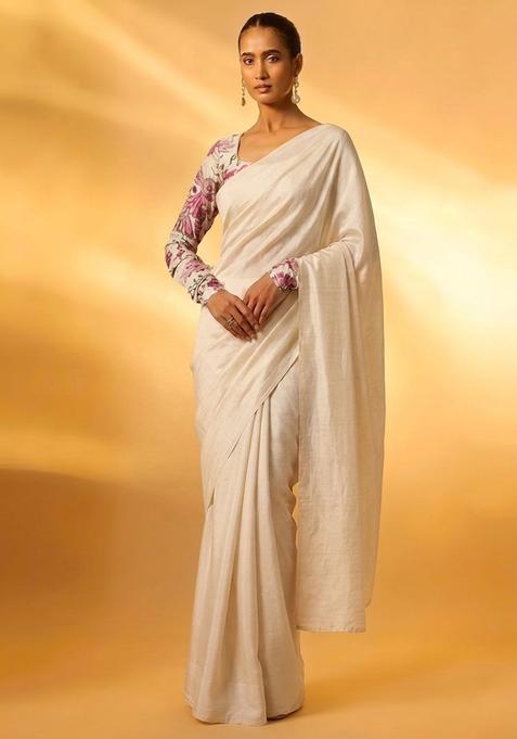 Cream Printed Organza Pre Draped Saree Set