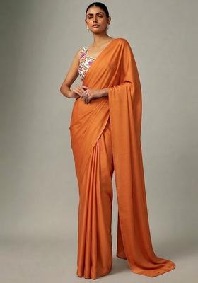 Orange Printed Crepe Pre Draped Saree Set