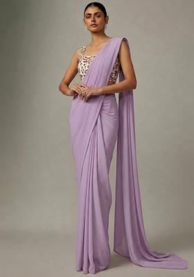 Lavender Printed Crepe Pre Draped Saree Set