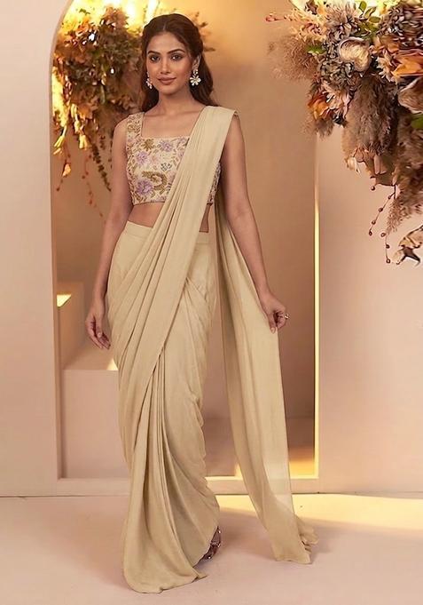 Soft Beige Printed Chinon Pre Draped Saree Set