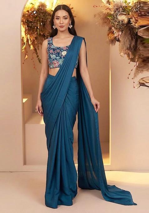 Navy Blue Printed Chinon Pre Draped Saree Set