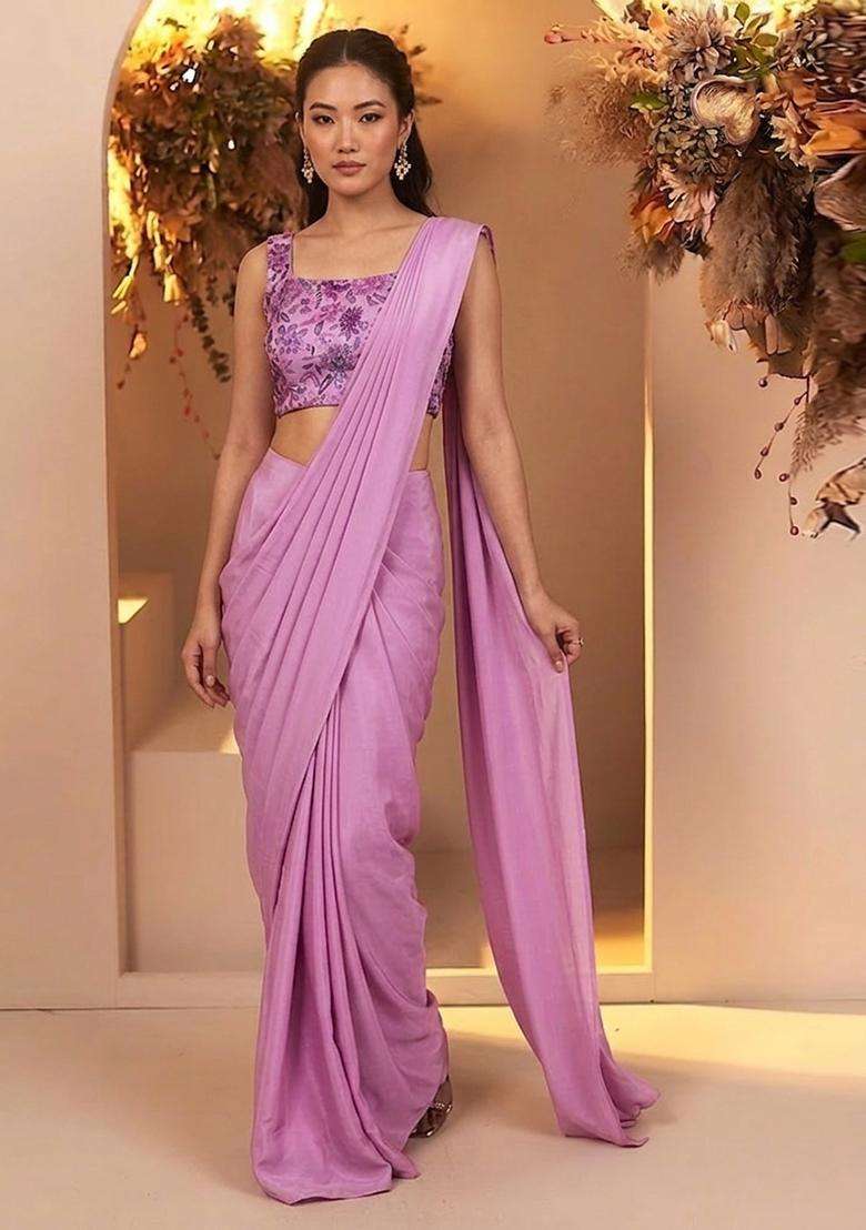 Pink Chinon Pre Draped Saree Set with Printed for Diwali | Wedding & Festive Wear - Indya
