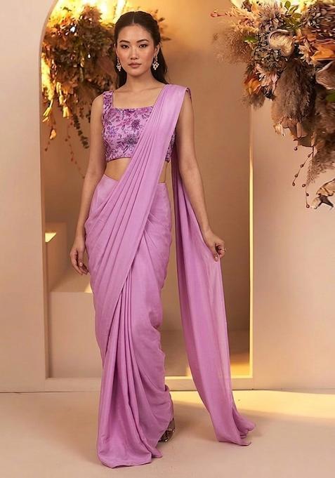 Pink Printed Chinon Pre Draped Saree Set