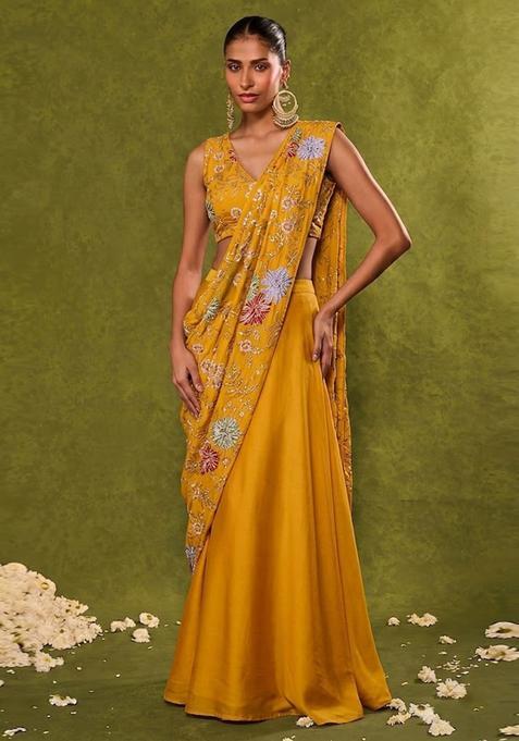 Mustard Embroidered Crepe Lehenga Set